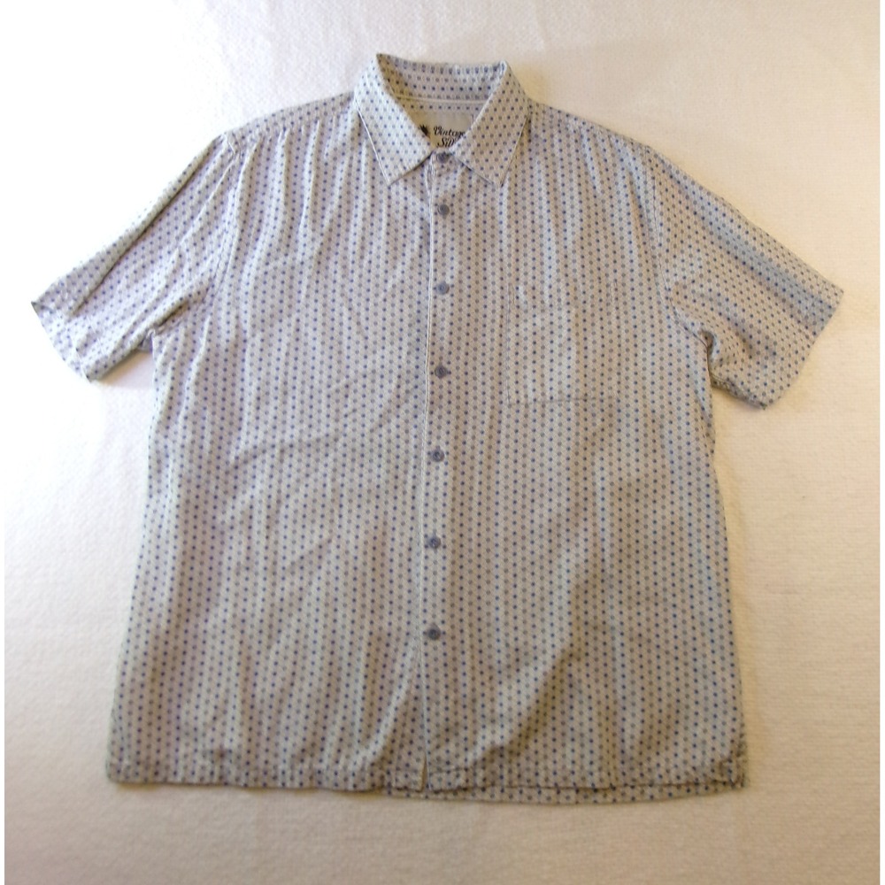 Silk‎ Circa 1969 Mens XL Blue Geometric Short Sleeve Button Down Shirt Vintage